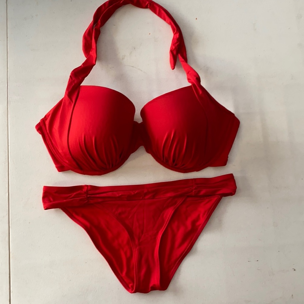 Red halter top bikini.